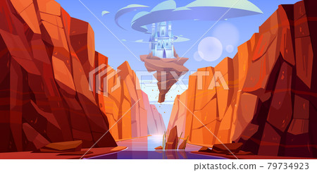 Magic blue castle flying above river in canyon Magic blue castle flying above river in canyon 79734923