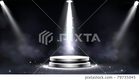 Round podium with smoke and spotlight illumination 79735045