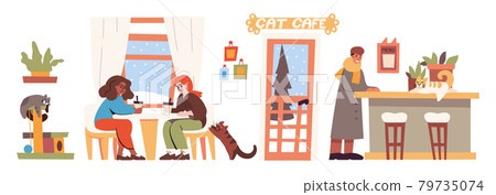 Cat cafe interior with people and pets Cat cafe interior with people and pets 79735074