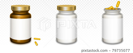 Medicine bottles with golden lids and yellow pills Medicine bottles with golden lids and yellow pills 79735077