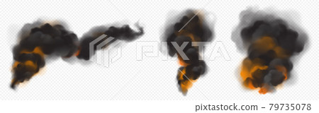 Black smoke clouds with orange backlight from fire 79735078