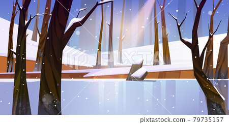 Winter landscape with frozen lake in forest 79735157