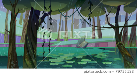 Rain in forest with swamp or lake and water lilies Rain in forest with swamp or lake and water lilies 79735158