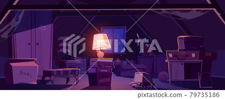 House attic at night with old furniture and lamp 79735186
