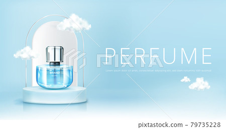 Perfume spray bottle on podium with clouds banner 79735228