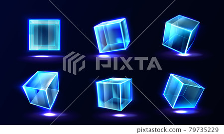 Plastic or glass cubes glowing with neon light set Plastic or glass cubes glowing with neon light set 79735229