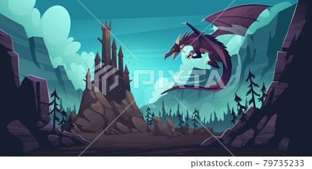 Mountain landscape with castle and dragon Mountain landscape with castle and dragon 79735233