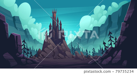 Creepy castle on rock at night, haunted palace 79735234
