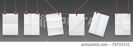 Folded posters hang on rope and pins, white paper Folded posters hang on rope and pins, white paper 79735331