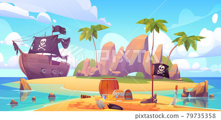 Pirate buries treasure chest on island beach 79735358