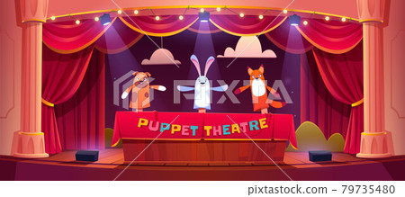 Puppet show on theater stage with animal dolls 79735480