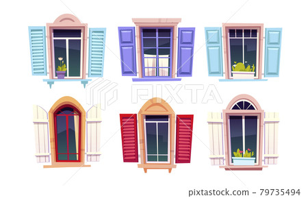 Wooden windows with open shutters 79735494