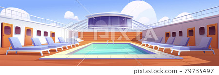 Swimming pool and beach chairs on cruise ship deck Swimming pool and beach chairs on cruise ship deck 79735497