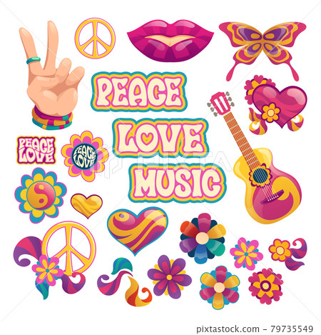 Hippie icons, signs of peace, love and music 79735549