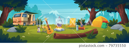 Summer camp at day time, camping, hiking activity 79735550