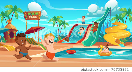 Kids in aquapark, amusement aqua park attractions 79735551