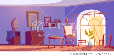 Art studio, painter room with canvas and brushes Art studio, painter room with canvas and brushes 79735559