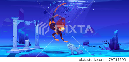Woman scuba diver and sunken ancient city in sea Woman scuba diver and sunken ancient city in sea 79735593