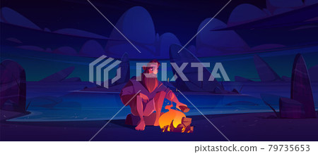 Castaway man on uninhabited island with bonfire 79735653