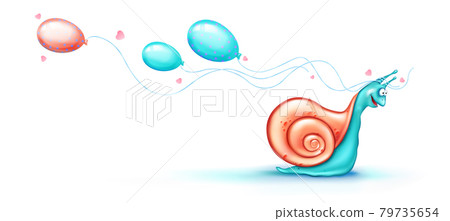 Cute snail crawls with flying balloons and hearts 79735654