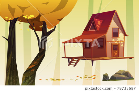 Autumn landscape with wood house and yellow tree 79735687