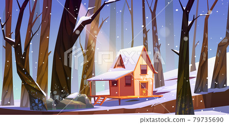 Wooden stilt house in winter forest, shack in snow Wooden stilt house in winter forest, shack in snow 79735690