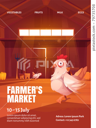 Farmers market poster with hen in wooden barn Farmers market poster with hen in wooden barn 79735708