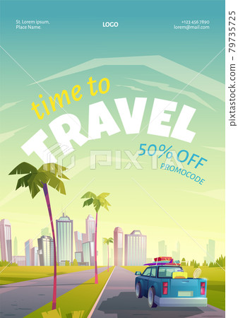 Travel coupon with summer landscape, town and car 79735725