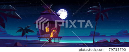 Beach hut or bungalow at night on tropical island 79735790