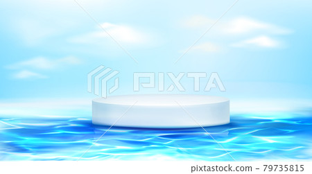 White round podium floating on blue water surface White round podium floating on blue water surface 79735815