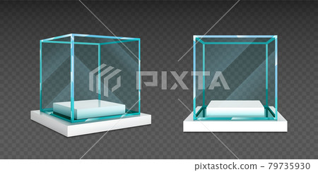 Glass cube box on white stand for exhibit 79735930