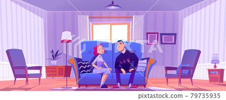 Happy couple, young man and woman sit on couch Happy couple, young man and woman sit on couch 79735935