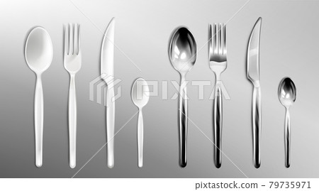 Vector realistic white plastic and steel cutlery Vector realistic white plastic and steel cutlery 79735971