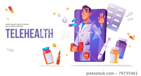 Telehealth distance online medicine cartoon banner Telehealth distance online medicine cartoon banner 79735981
