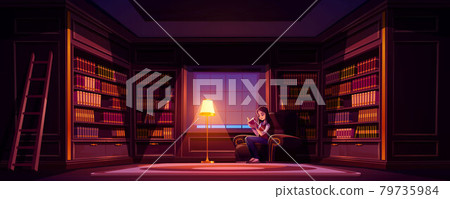 Girl reads book in old luxury library at night Girl reads book in old luxury library at night 79735984