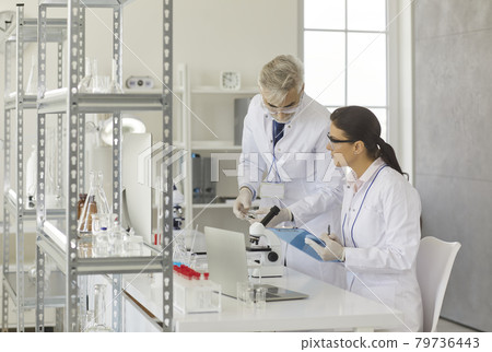 Scientists working in laboratory, taking test samples and doing medical research Scientists working in laboratory, taking test samples and doing medical research 79736443