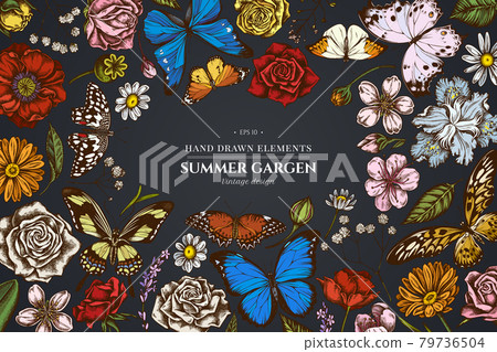 Floral design on dark background with shepherd s purse, heather, iris japonica, sakura, gypsophila 79736504