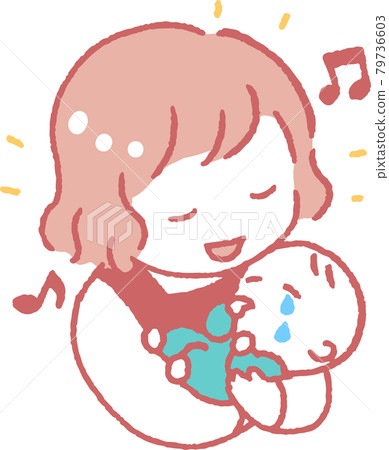 一個年輕女子穿著圍裙的插圖,用搖籃曲緩解哭泣的嬰兒 一個年輕女子穿著圍裙的插圖,用搖籃曲緩解哭泣的嬰兒 79736603