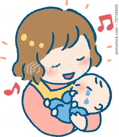 Illustration of a young woman wearing an apron to comfort a crying baby Illustration of a young woman wearing an apron to comfort a crying baby 79736609