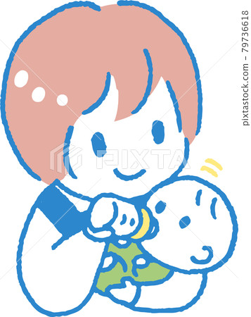 Illustration of a young woman in an apron hugging her baby and giving her milk 79736618