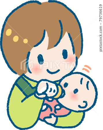 Illustration of a young woman in an apron hugging her baby and giving her milk 79736619