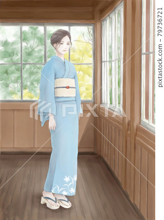插圖素材：夏季和服女性、室內木結構建築 79736721