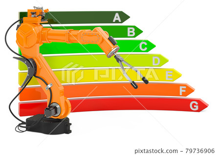 Robotic arm with energy efficiency chart, 3D rendering Robotic arm with energy efficiency chart, 3D rendering 79736906