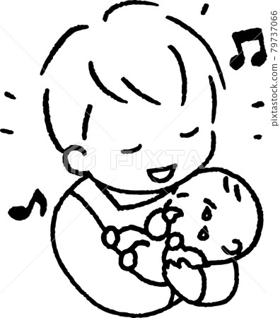 Illustration of a young man wearing an apron to comfort a crying baby Illustration of a young man wearing an apron to comfort a crying baby 79737066
