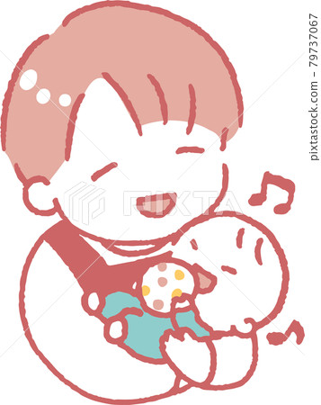 Illustration of a young man in an apron holding a baby playing with toys Illustration of a young man in an apron holding a baby playing with toys 79737067