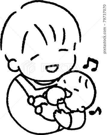 Illustration of a young man in an apron holding a baby playing with toys Illustration of a young man in an apron holding a baby playing with toys 79737070