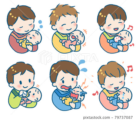 Illustration set of a young man wearing an apron holding a baby 79737087