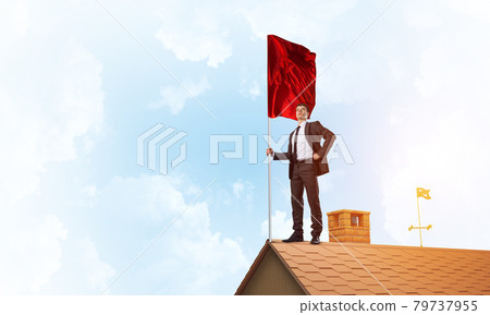 Young businessman with flag presenting concept of leadership. Mixed media Young businessman with flag presenting concept of leadership. Mixed media 79737955
