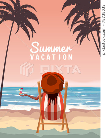 Woman in red hat lying on deck chair with cocktail in hand, resort tropical coast. Exotic sea ocean shore sand, palms. Vector illustration retro vintage poster Woman in red hat lying on deck chair with cocktail in hand, resort tropical coast. Exotic sea ocean shore sand, palms. Vector illustration retro vintage poster 79739035