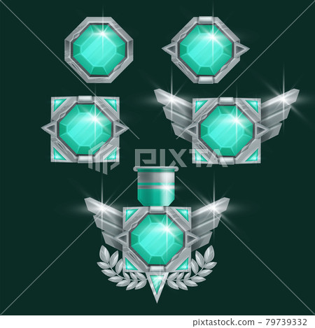 Game winner badge set, vector rank award silver medal kit, UI achievement prize illustration Game winner badge set, vector rank award silver medal kit, UI achievement prize illustration 79739332